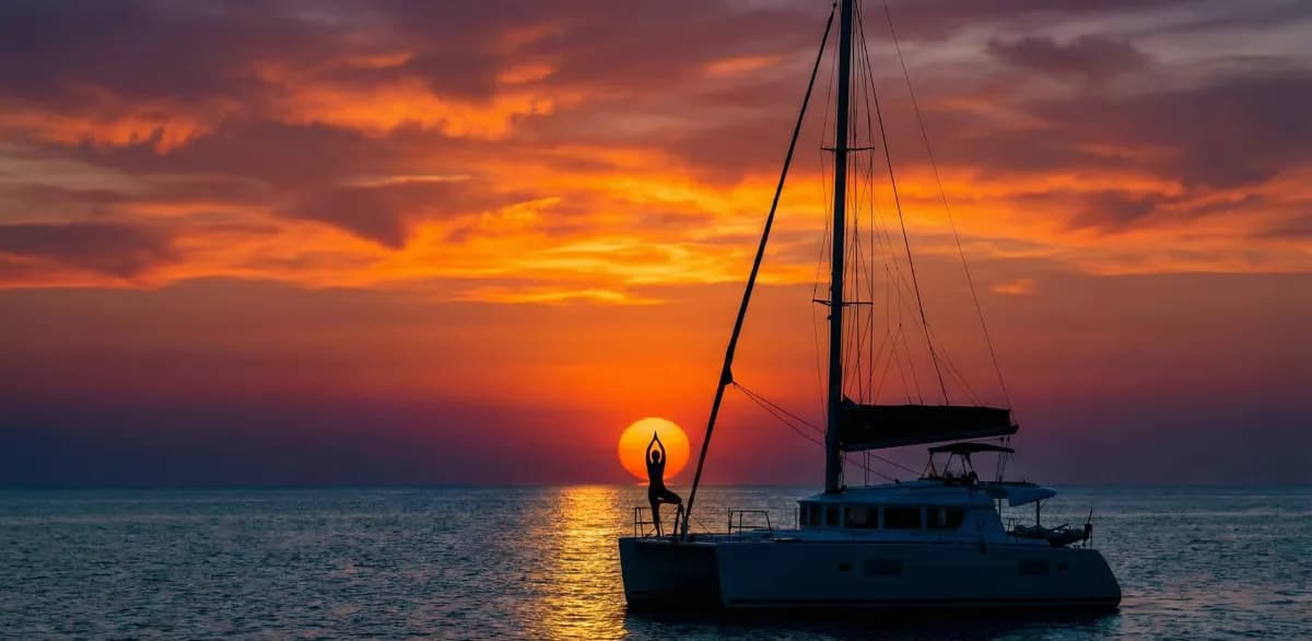 Закатная йога Поиск баланса на катамаране